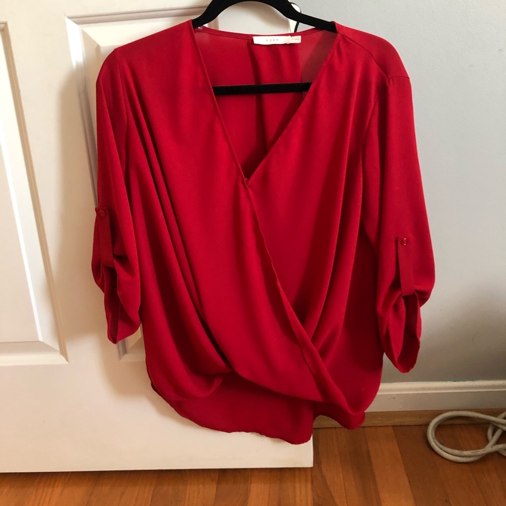 Cherry Red Lush Surplice High/Low Blouse, Size S